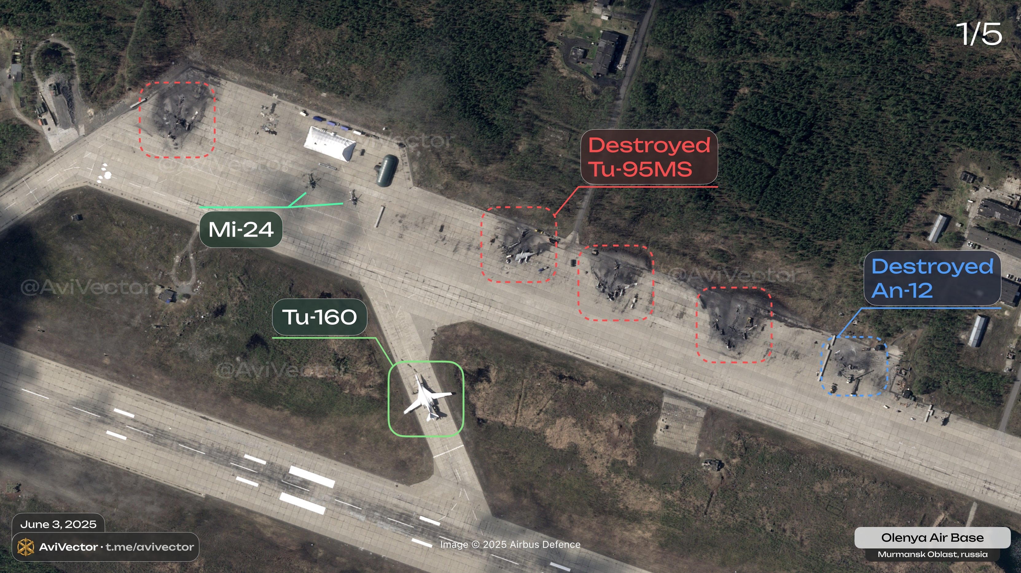 Спутниковый снимок последствий налета на аэродром Оленья в Мурманской области от 3 июня 2025 года