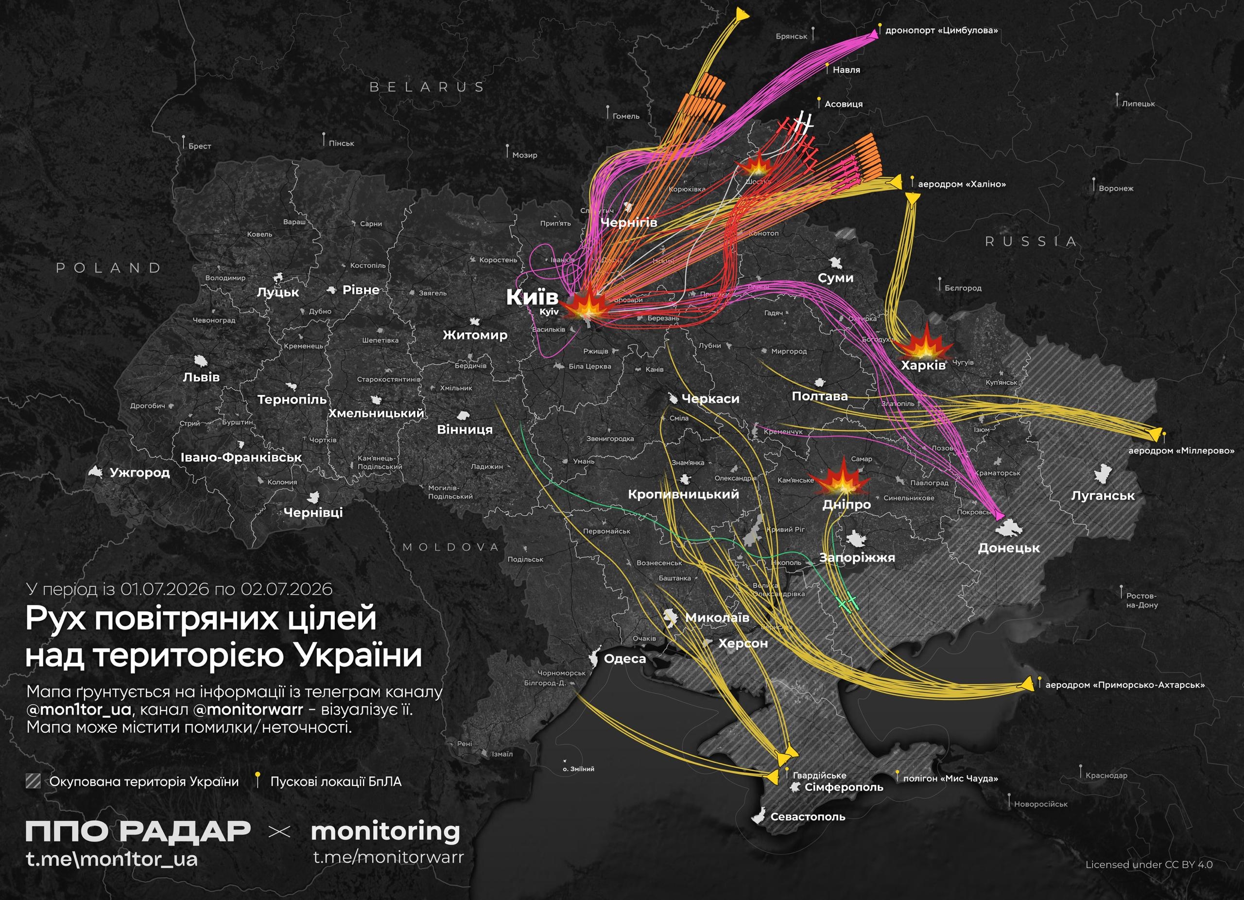 Схема воздушного налета на территорию Украины в ночь на 2 июля 2026 года