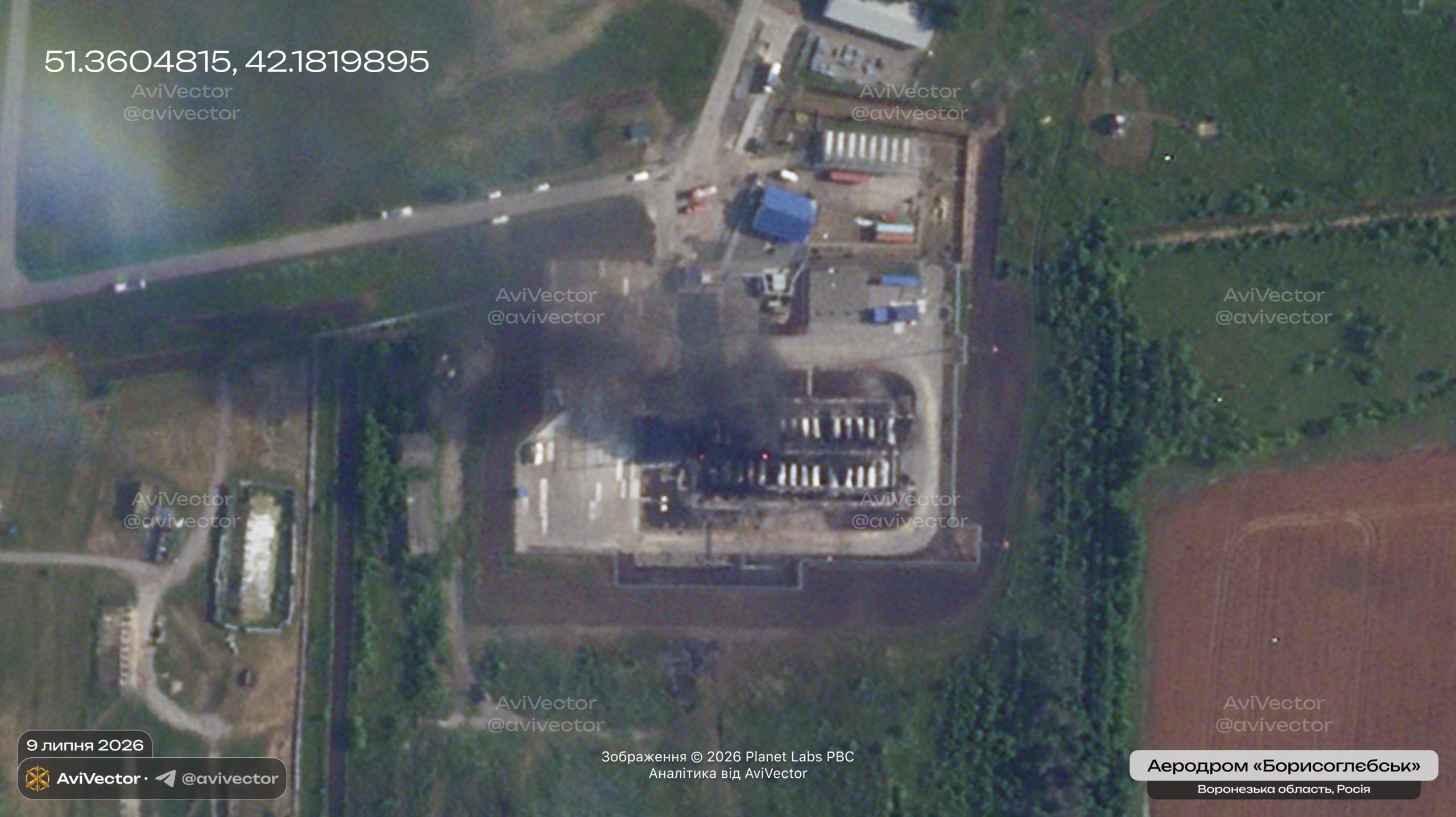 Спутниковый снимок последствий украинского удара по военному аэродрому Борисоглебск в Воронежской области 8 июля 2026 года