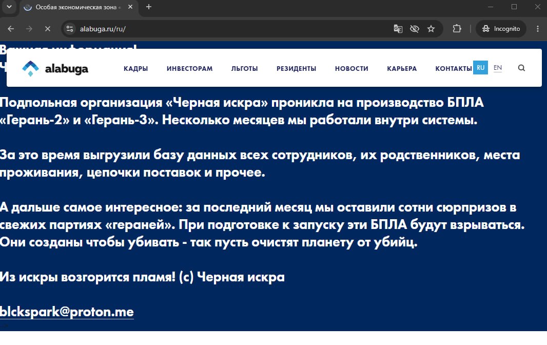 Скриншот, опубликованный неизвестными, называющими себя подпольным движением «Черная искра»